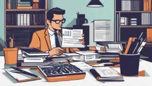 Een persoon zit aan een opgeruimd bureau met laptop en documenten.