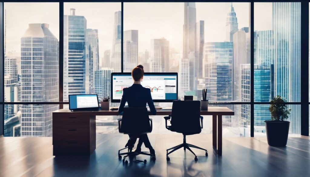 Een zakelijke eigenaar analyseert accounting softwareopties op een eigentijds kantoor.