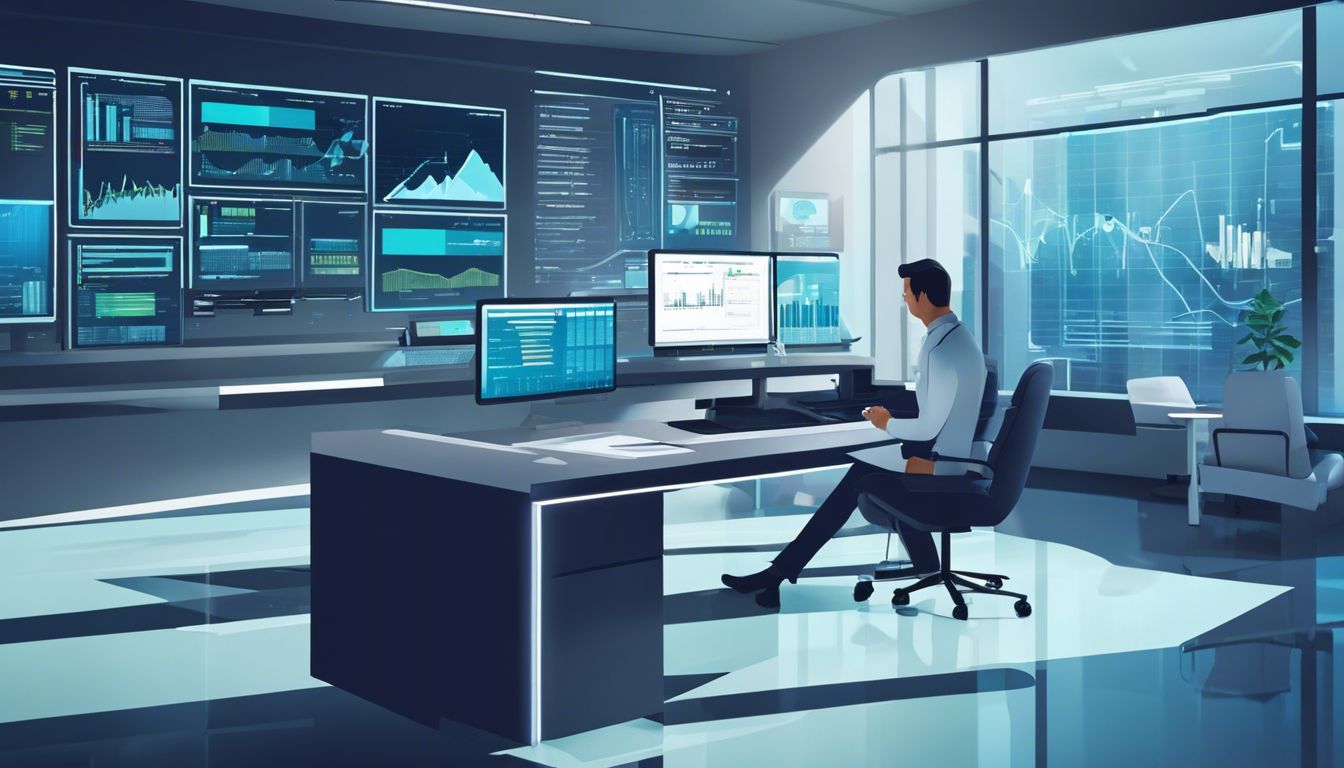 Een financieel beheerder analyseert gegevens op een computer in een moderne gezondheidszorginstelling.