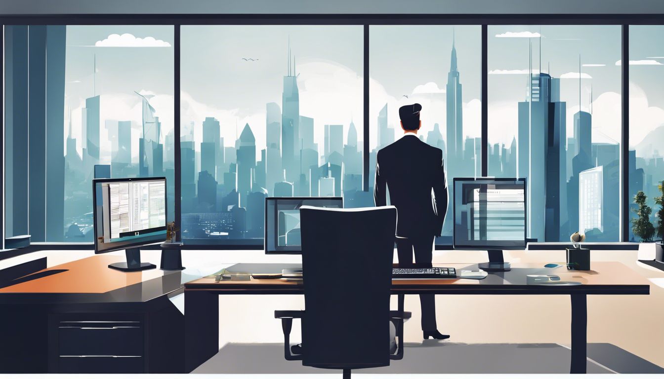 De CEO bestudeert financi&euml;le gegevens in zijn kantoor met stadsgezicht.