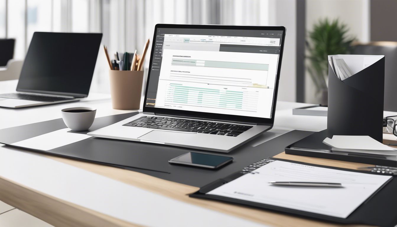 Een opgeruimd bureau met laptop en georganiseerde boekhoudkundige documenten.