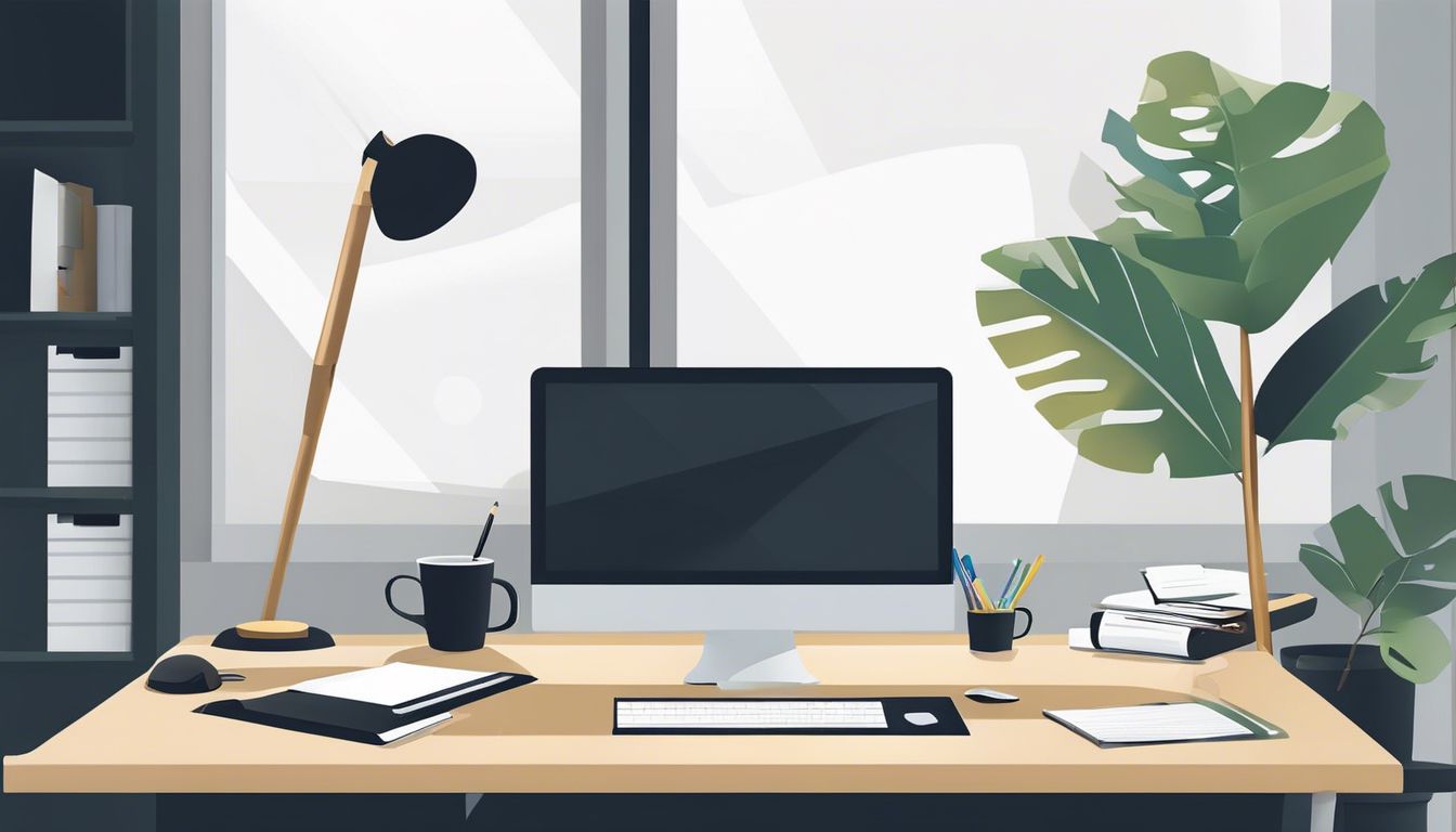 Een opgeruimd bureau met computer en georganiseerde papieren.