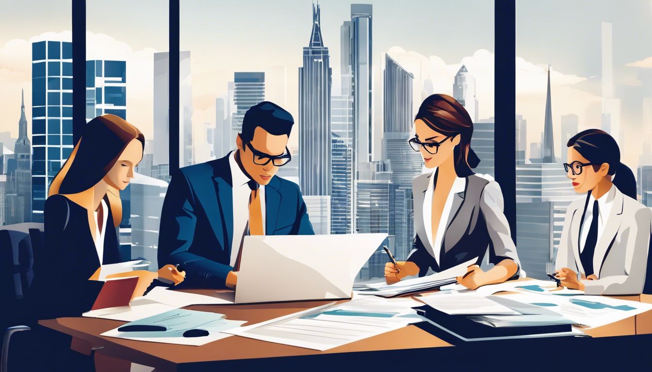 Een groep financi&euml;le experts bekijkt documenten in een modern kantoor.