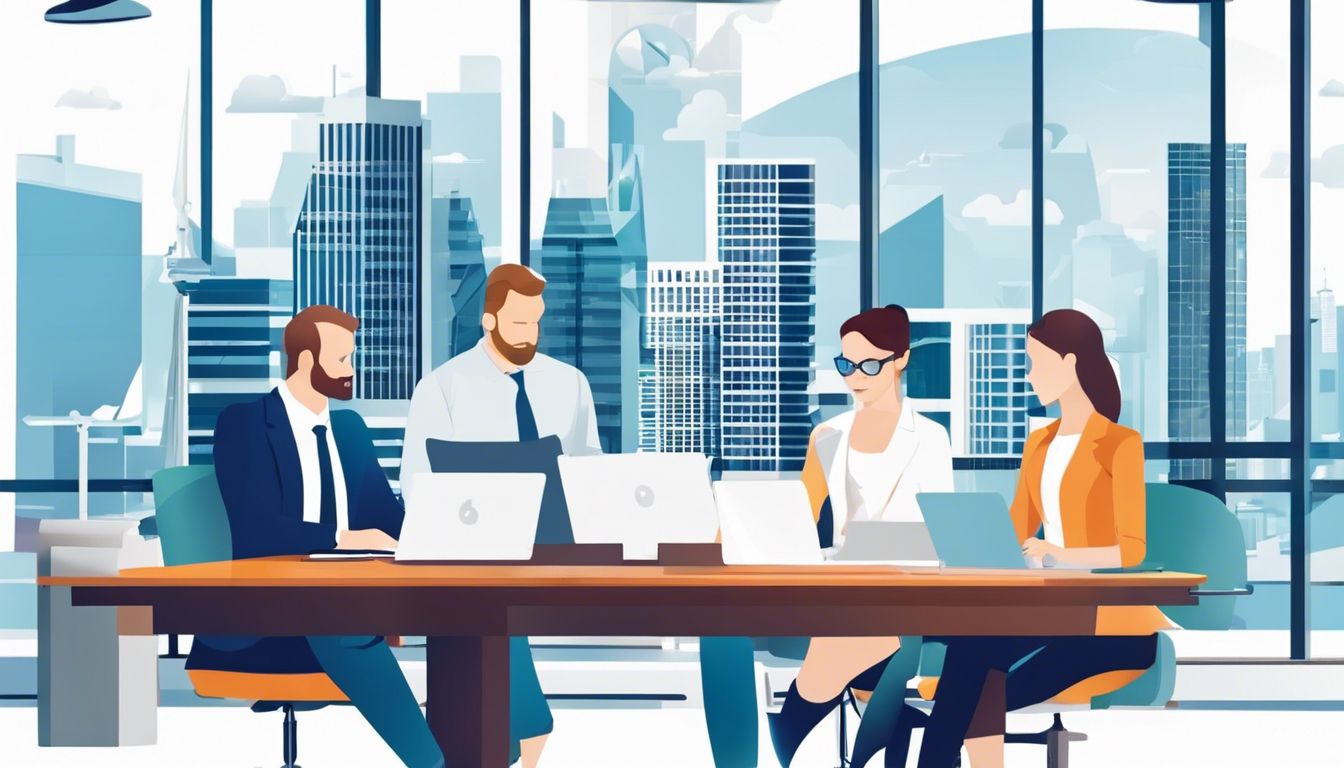 Een professioneel team beoordeelt hernieuwbare energievergunningen in een modern kantoor.