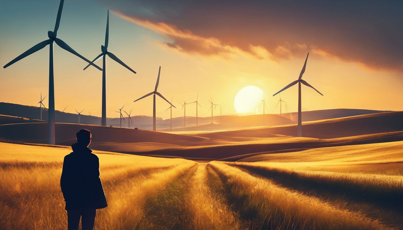 Een persoon staat in een zonnig veld omringd door windturbines.